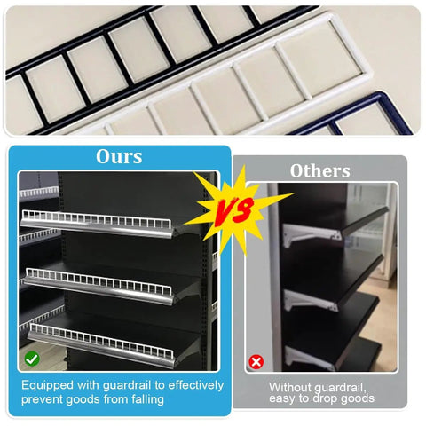 Comparison of Badass Heavy Duty Seven Layer Gondola Shelving Rack For Neighborhood Convenience Stores And Groceries Rock Solid Gray Metal Display Stand with guardrails vs others without.