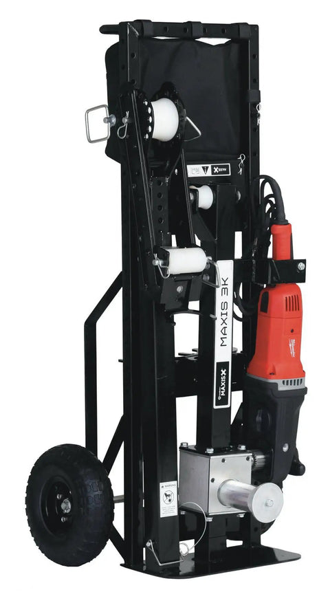 Heavy Duty Motorized Cable Puller For Electricians And Linemen Quick Setup Power Winch with wheels and a red motor.
