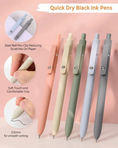 Five pastel black gel pens from All-In-One Student Stationery Kit With Pencil Case, 12 Pastel Highlighters, 5 Black Gel Pens, Mechanical Pencils, Sticky Note Pad, Erasers, And More Pink School Supplies Set For College And Back To School displayed.