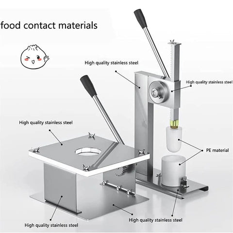 Baozi Maker Semi Automatic Bun Press With Steel Body, showing stainless steel and PE materials in detail.