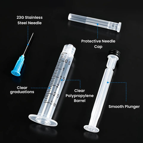 3ml Luer Lock Refilling Syringe Kit 23G 1 Inch Disposable with needle, barrel, plunger, and cap displayed on black background