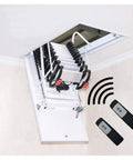 Wall Mounted Electric Telescopic Ladder With Slick Remote Operation And Hella Stable Folding Stair Design For Effortless Ceiling Access, showing ladder in ceiling with remotes.