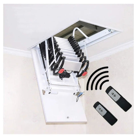 Electric Attic Ladder With Remote Control Folding Telescopic Design And Secure Handrails Custom Sized For Ceiling Hatches Up To Three Meters, showcases a ceiling-mount, fully automated folding ladder.