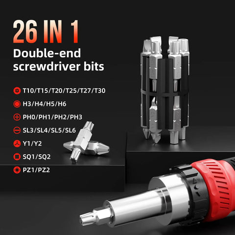 Ratcheting Screwdriver Set 26 In 1 With Double Ended CRV Bits Magnetic Demagnetizer showing bits and handle detail