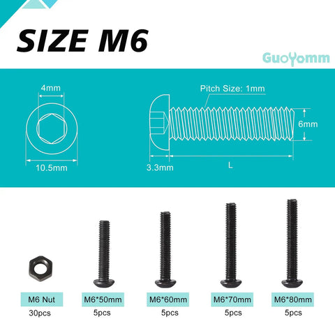 Diagram and lineup of M6 button head screws in 50Pcs M6 Button Head Socket Cap Screws Kit With 50 60 70 80mm Lengths Fully Threaded 10.9 Grade Alloy Steel Black Oxide Finish Metric Hex Drive Nuts Included Built To Last For Machinery And Projects