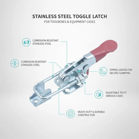 Heavy Duty Spring Loaded Toggle Latch, stainless steel, spring-loaded, adjustable, for securing toolbox lids and cabinet doors.