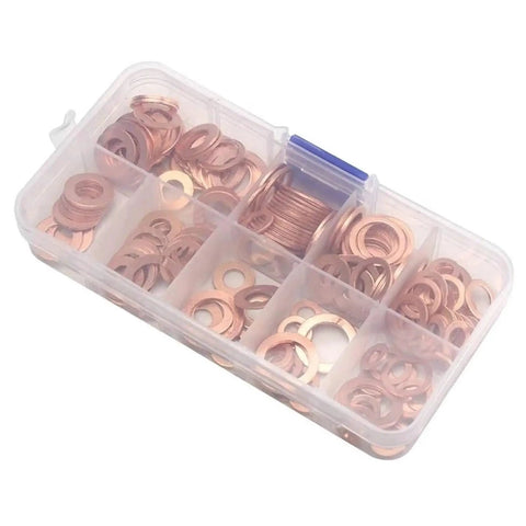 Killer Flat Copper Washers Complete Set With Nuts And Bolts For Sump Plug Seals Engine Repair Heat Resistant Universal Fit Fits M8 To M14 Sizes Fixing Leaks Critical Sealing Parts Easy Install Best Quality Copper For Great Reliability Now, copper washer kit in organizer