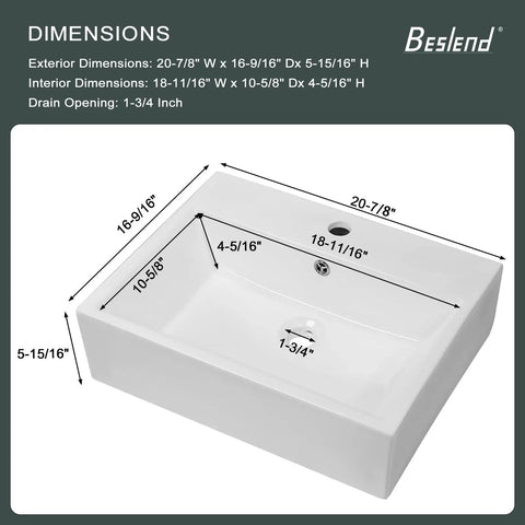 Wall Mounted Vessel Sink for Bathrooms, 20 by 18 Inch Rectangle White Porcelain Ceramic Vessel Sink With Faucet Hole and Overflow