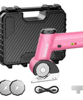 Heavy Duty Cordless Electric Scissors With Three Razor Blades, Rechargeable Power Pack, includes pink scissors and accessories.