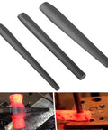 Eye Drift Tool Set For Smithing And Knife Making, 3 Piece Forging Kit With hammer, tomahawk, and mouse axe drifts in use.
