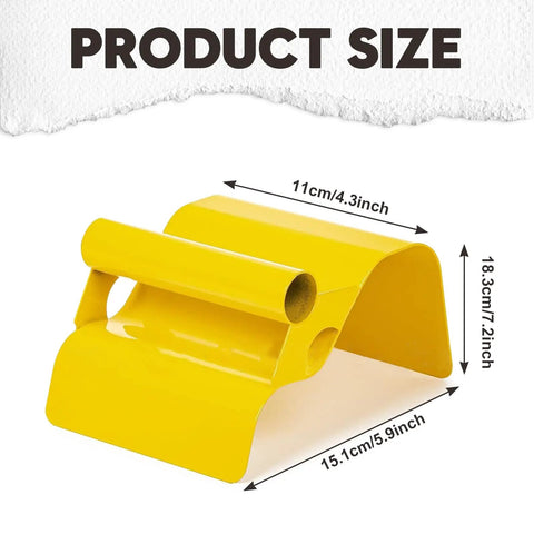 Yellow metal stand with product dimensions 15.1cm x 11cm x 18.3cm labeled "PRODUCT SIZE."