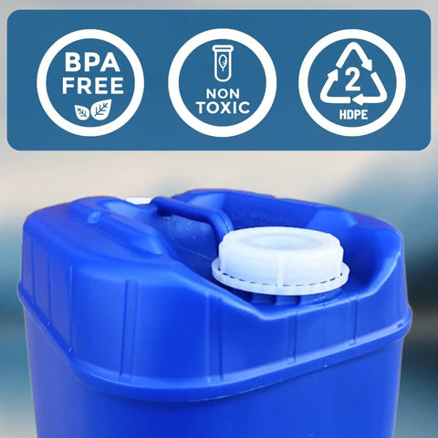 Close-up of Five Gallon Stackable Water Storage Container Kit With Ten Lids And Two Spigots, Food Grade Plastic, BPA-free labels
