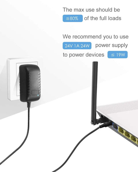 Go-To 24V DC Power Supply 1A 24W AC Adapter connected to device, wall outlet and network equipment shown