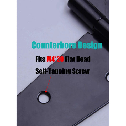 Close-up of 4 Inch Strap Hinges Heavy Duty Rustproof with counterbore design for M4 x 20 screws, black finish