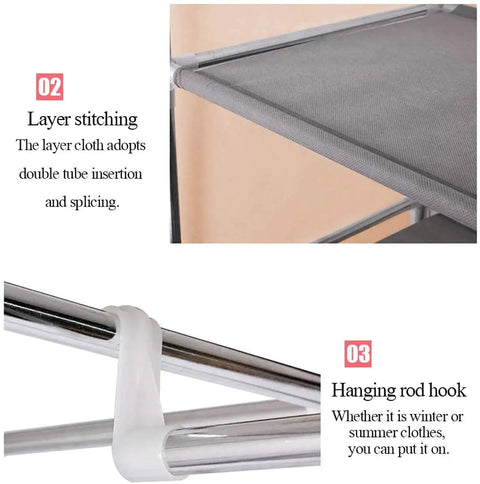 Heavy Duty Freestanding Wardrobe Closet With Steel Hanging Rod And Open Shelves For Bedroom Storage Game Changer Cream detailed view of layer stitching and hanging rod hook