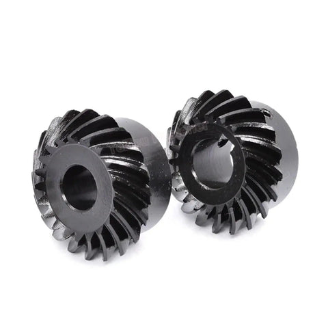 Top Shelf Rock Solid Spiral Bevel Gear Set, Precision Engineered With 1.5M Module And Heavy Duty Alloy Steel, Zero Hassle Keyway Bore Choices, Built Tough For Custom Projects. Two heavy-duty spiral bevel gears.