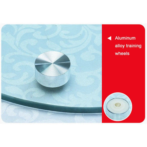 Close-up of Transparent Glass Lazy Susan Turntable for Dining Tables and Kitchens with aluminum alloy wheel.