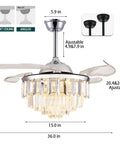 36 Inch Retractable Fandelier Ceiling Fan With Remote And Dimmable Light Crystal Chandelier Style dimensions illustration