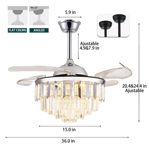 36 Inch Retractable Fandelier Ceiling Fan With Remote And Dimmable Light Crystal Chandelier Style dimensions illustration
