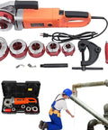 Heavy Duty Electric Pipe Threader Featuring All Copper Motor And Six Quick Change Heads for Galvanized Iron and PP Pipe, with accessories.