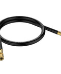 High Flow Refrigerant Hose for HVAC One Half Inch to One Quarter Inch Fittings Six Feet Long One Half Inch Inner Diameter Fast Evacuation and Recovery Three Thousand Two Hundred PSI Burst Twenty Micron Vacuum One Year Warranty, coiled black hose with brass connectors.