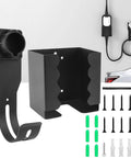 EV Charger Wall Mount Kit With J Hook Cable Holder For SAE J1772 Connectors, showing all-metal wall mount, screws, and assembly parts