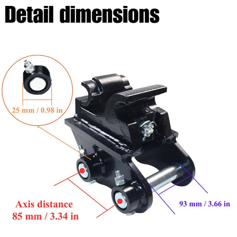 Front view of Mechanical Quick Change Hitch Coupler for Mini Excavators 0.6-3 Ton with dimensions shown