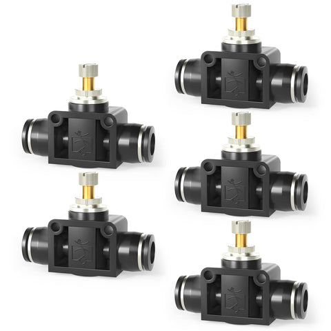 Pack of five inline pneumatic air flow control valve with push to connect fittings for low speed cylinders, durable plastic copper
