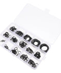 Open case of 175 Piece Black C Clip Snap Ring Kit For Shafts And Pulleys External Circlips Retaining Rings in various sizes