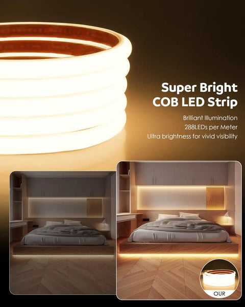 Warm White COB LED Strip Light 6.56Ft 3000K with easy install backing illuminating bedroom and featuring 576 ultra-bright LEDs.