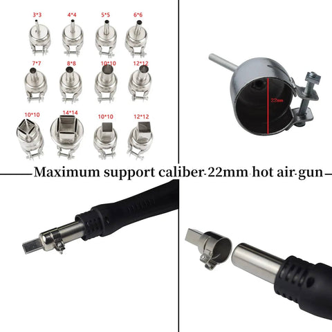 Heat Proof Nozzles Kit For 850 Hot Air Soldering Station 12 Piece Set with round and square tips, industrial grade steel
