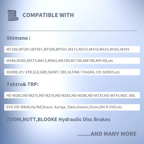 Compatibility list for Bike Brake Bleed Kit For Shimano And TEKTRO Hydraulic Disc Brakes With 120ml Mineral Oil