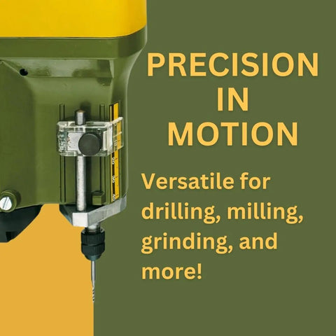 Pro Grade Precision Bench Drill Press With Micro Hole Capability Adjustable Depth And Table Three Speed Settings Durable Build Includes Six Precision Collets For Detailed Tiny Hole Projects