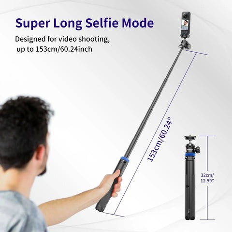 Person using 62 Inch Extendable Selfie Stick Tripod For GoPro And Osmo Pocket 3 with 360 Degree Ball Head for long-distance selfies.