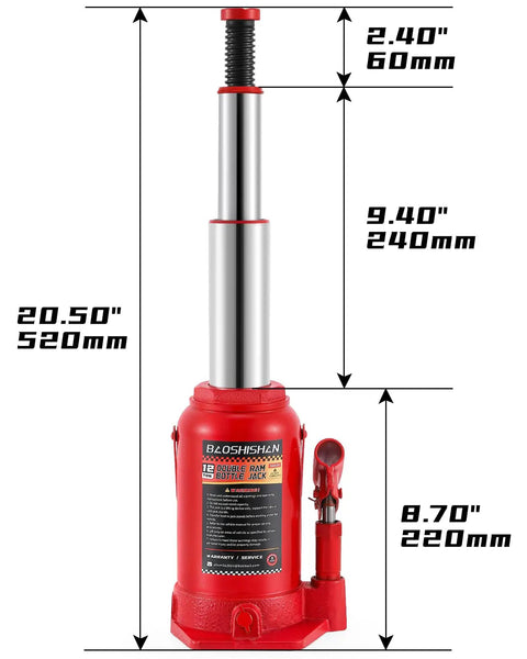 Beefy 12 Ton Double Ram Bottle Jack Portable Hydraulic Lift For Cars And Trucks, A Real Workhorse, extended 20.5 Inch