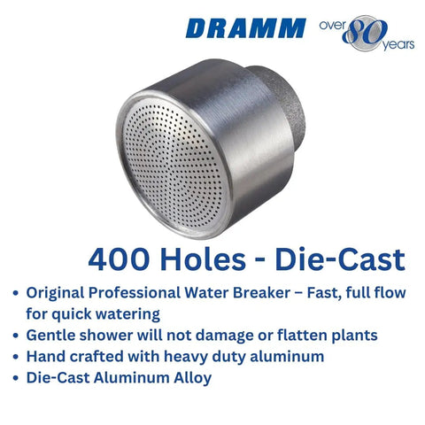 Water Breaker Nozzle With 400 Tiny Holes For Greenhouse And Nurseryman, Fast Full Flow Watering, Gentle Shower That Will Not Damage Or Flatten Plants, Handcrafted Heavy Duty Aluminum, Made In The USA, Silver displayed with text