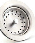 Close-up of a stainless steel strainer basket from the Three And A Half Inch Kitchen Sink Drain Assembly With Strainer Basket And Stopper All Stainless Steel Drain Kit Built To Last Rustproof Fits Most American Sinks Easy Install.