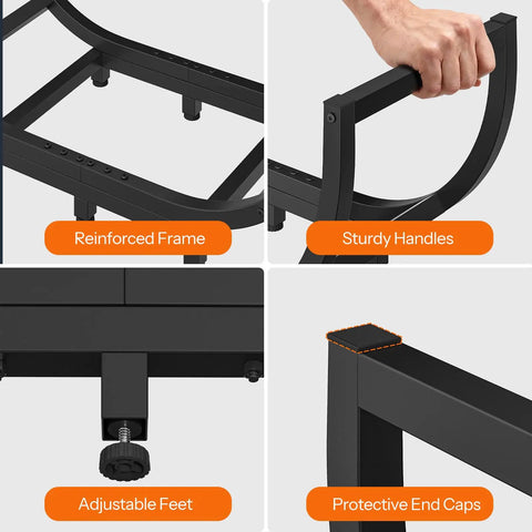 Close-up features of Sturdy Steel Firewood Rack For Indoor And Outdoor Use 32 Inch Log Holder with tool hook and adjustable feet.