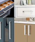 Square Kitchen Cabinet Handles Brushed Nickel Stainless Steel Euro Bar Pulls installed on various drawer and cabinet surfaces