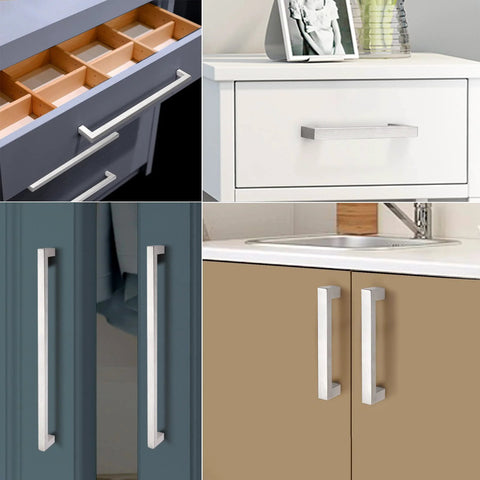 Square Kitchen Cabinet Handles Brushed Nickel Stainless Steel Euro Bar Pulls installed on various drawer and cabinet surfaces