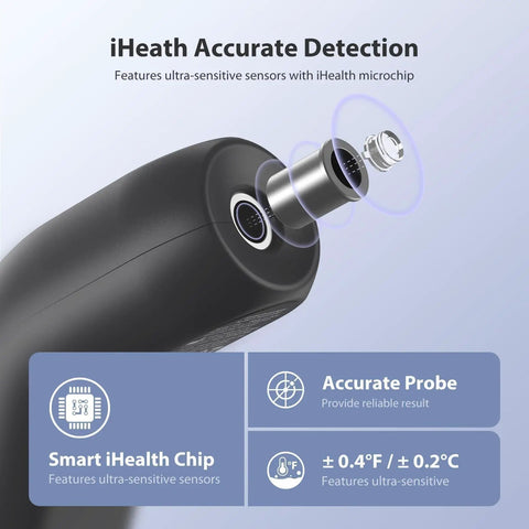 No Contact Forehead Thermometer For Adults And Kids With Color Coded Alerts And Silent Mode 1 Second Fever Readings Portable For Home And Travel Accurate Sensor Delivers Quick Hygienic Temperature Checks black sensor close-up with iHealth chip