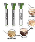 Three-piece keyhole router bits set for wood with one quarter inch shank, blade diameters five sixteenths, three eighths, one half inch for long T slots and keyhole holes, suitable for solid wood, MDF, plywood, and particle board projects.