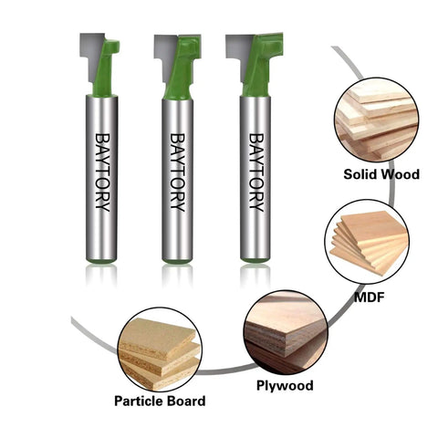 Three-piece keyhole router bits set for wood with one quarter inch shank, blade diameters five sixteenths, three eighths, one half inch for long T slots and keyhole holes, suitable for solid wood, MDF, plywood, and particle board projects.