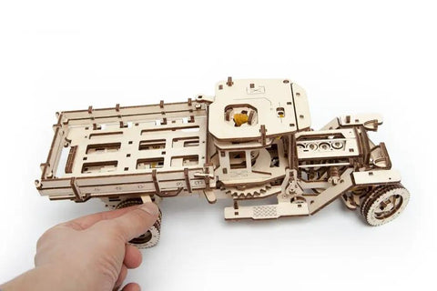 Hands On Mechanical Truck Puzzle Kit With Rubber Band Engine, 3D Wooden Construction Set, DIY Build For Adults And Teens, Realistic Pistons Under Foldable Hood, Functional Steering, Cabin Door, And Working Chassis. 338x120x124 mm