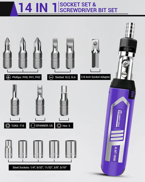 14 In 1 Ratchet Screwdriver Set With 180 Degree Pivot Handle, showing various bits and purple handle for tight spaces.