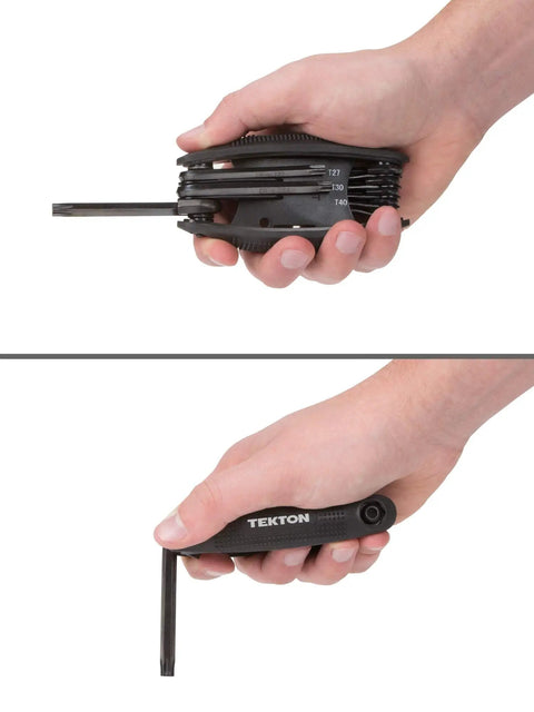 Hand holding Folding Star Key Wrench Set, 8-Piece T9 To T40, Grab-And-Go, compact design, black oxide finish, fold-out view.