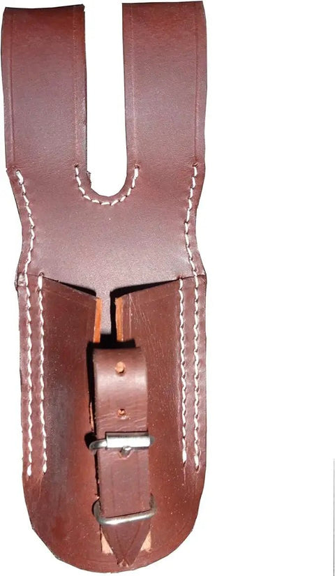 World War II Bayonet Frog Reproduction Leather Belt Attachment in brown finish, all leather construction, top view with buckle detail