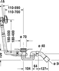 Heavy Duty Chrome Central Bathtub Drain With Overflow And Cable Waste Build Packing A Top Shelf 52 Millimeter Valve dimensions diagram.