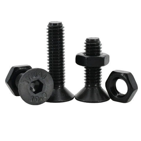 Hex Socket Screws Nuts Kit Flat Head Set In Black Carbon Steel, M2 Through M6, DIN7991 Threads, Grade 10.9, Countersunk Socket Cap Bolts And Nuts, 4mm To 30mm Lengths, Ultra Strong Hardware For DIY Projects, black screws and nuts