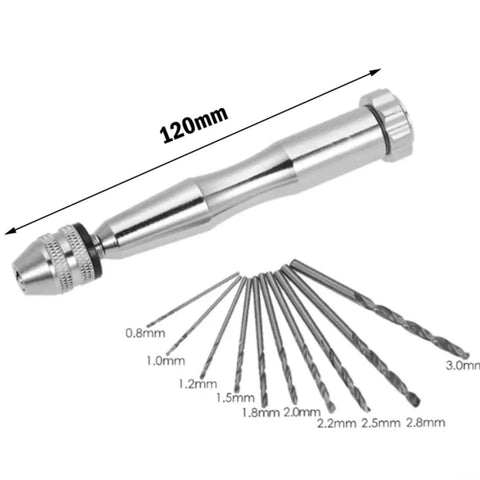 Manual Hand Drill Kit With Ten Bits 0.3 To 3.5mm Chuck For Wood Plastic PCB Jewelry Crafting, metal drill with 10 bits, size displayed